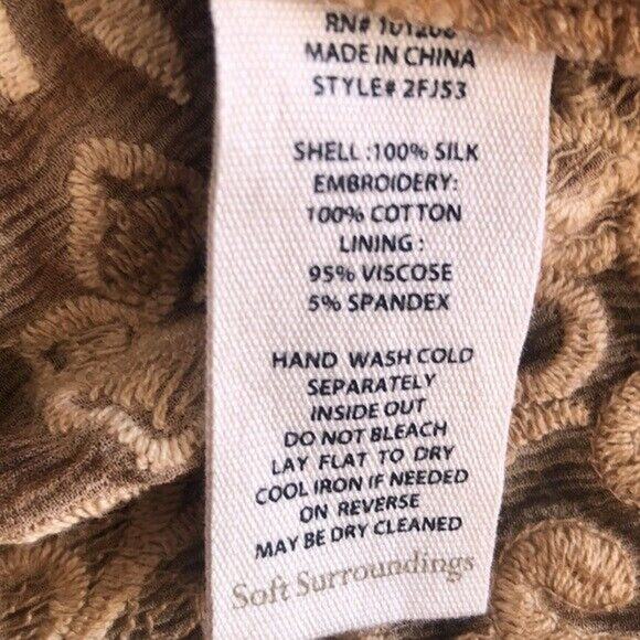 Soft Surroundings Women's Tawny Brown Crinkle Silk Tunic Top M embroider 2 pc - Picture 6 of 8